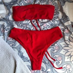 Red bandue with high leg bikini